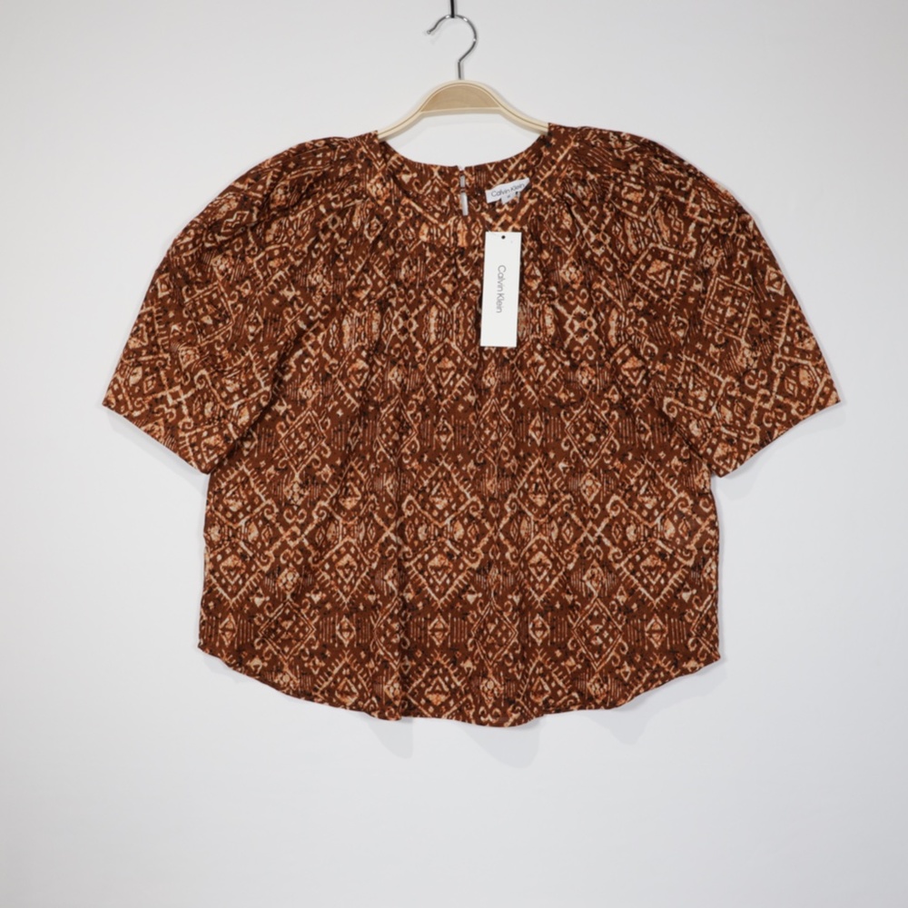 Calvin Klein Women's 3/4 Sleeve Keyhole‎ Lightweight Woven Top Brown Size M